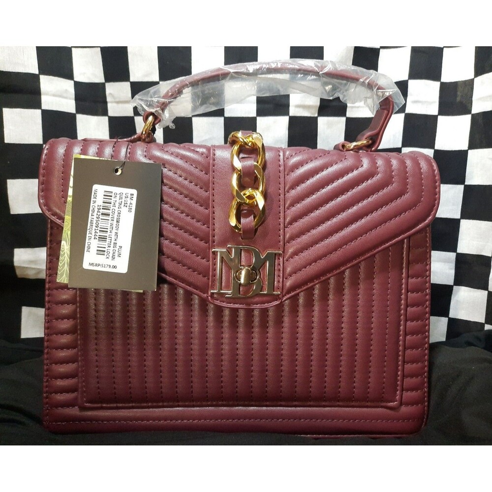 NWT Badgley Mischka Wine Red Quilted Crossbody Bag with Gold Chain and Emblem